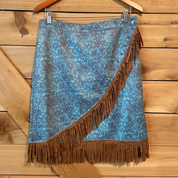Lucky & Blessed Dresses & Skirts - Lucky & Blessed Western Wrap Skirt with Fringe and Tooled Turquoise Fabric